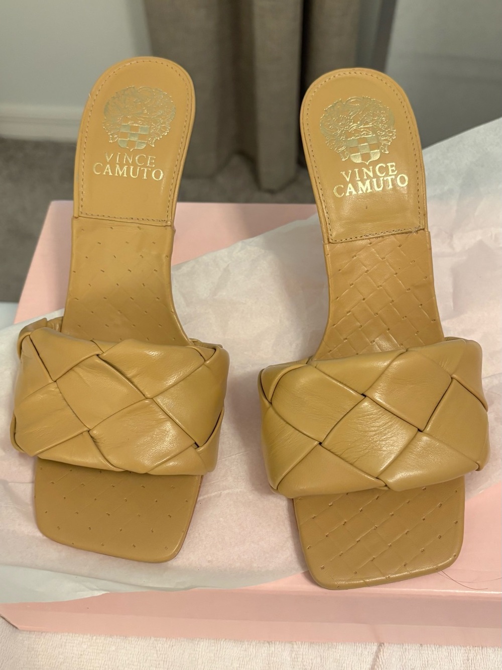 Vince Camuto Woven Tan Leather Slide Mules